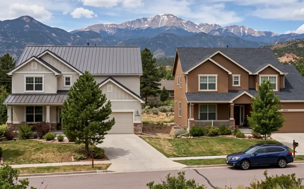 Metal roof next to asphalt shingle roof in Colorado Springs, CO