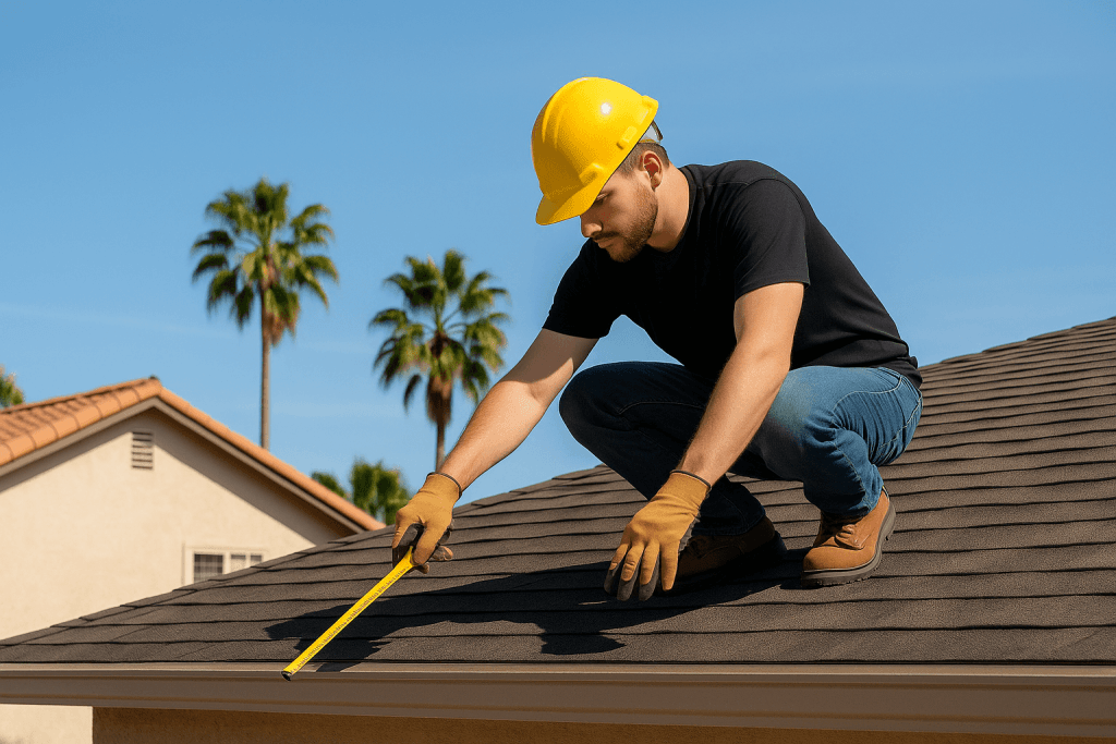 a roofer on top of a roof doing an estimate