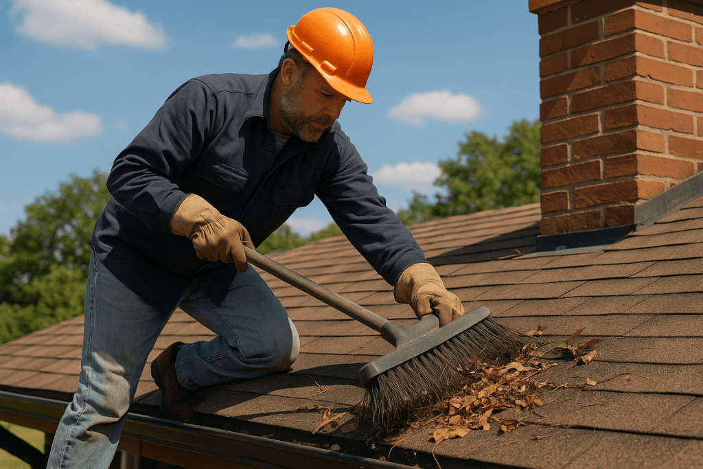 a man on a roof cleaning debris