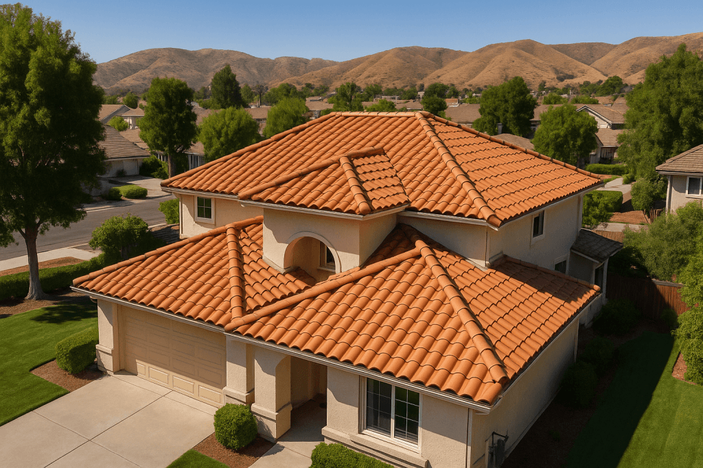 a overhead view of a tile roof installed in simi valley by bumble roofing