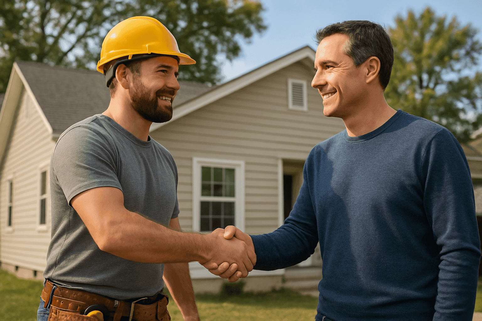 a bumble roofing customer shaking hands with a roofer