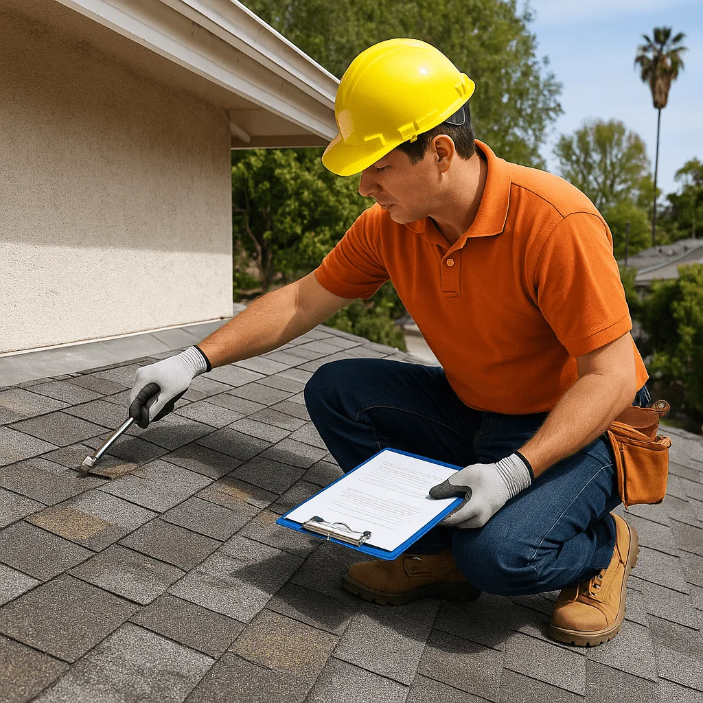 man inspecting a roof for a roof replacement in los angeles