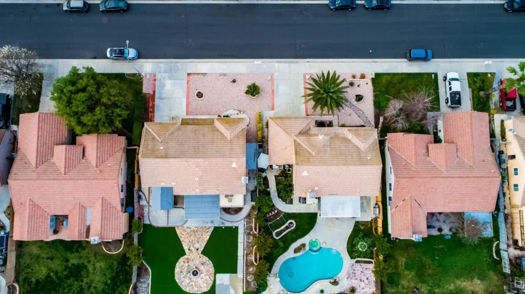 Aerial view of residential neighborhood roofs in Los Angeles, California