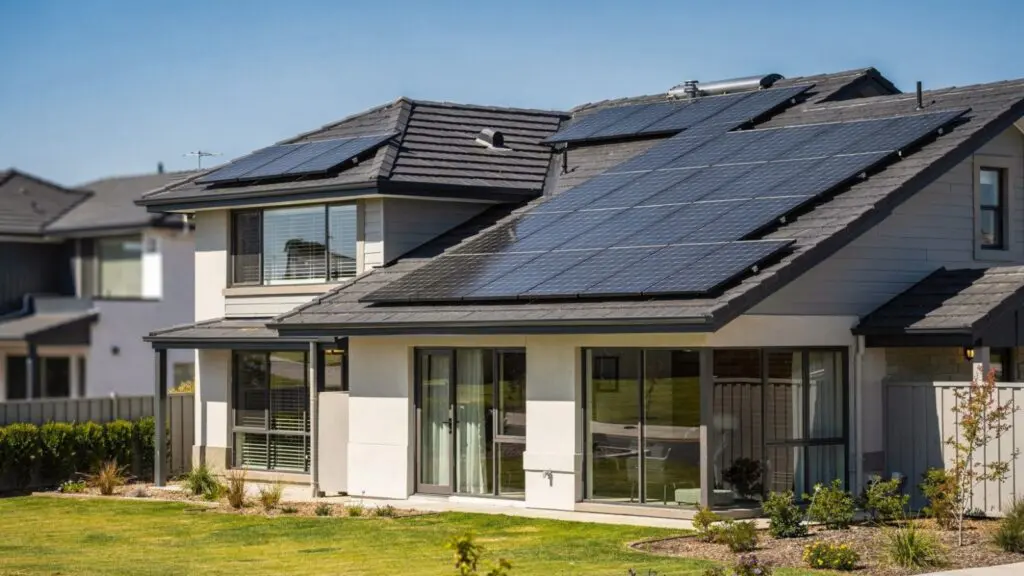 Atlanta home with reflective roof tiles and solar panels.