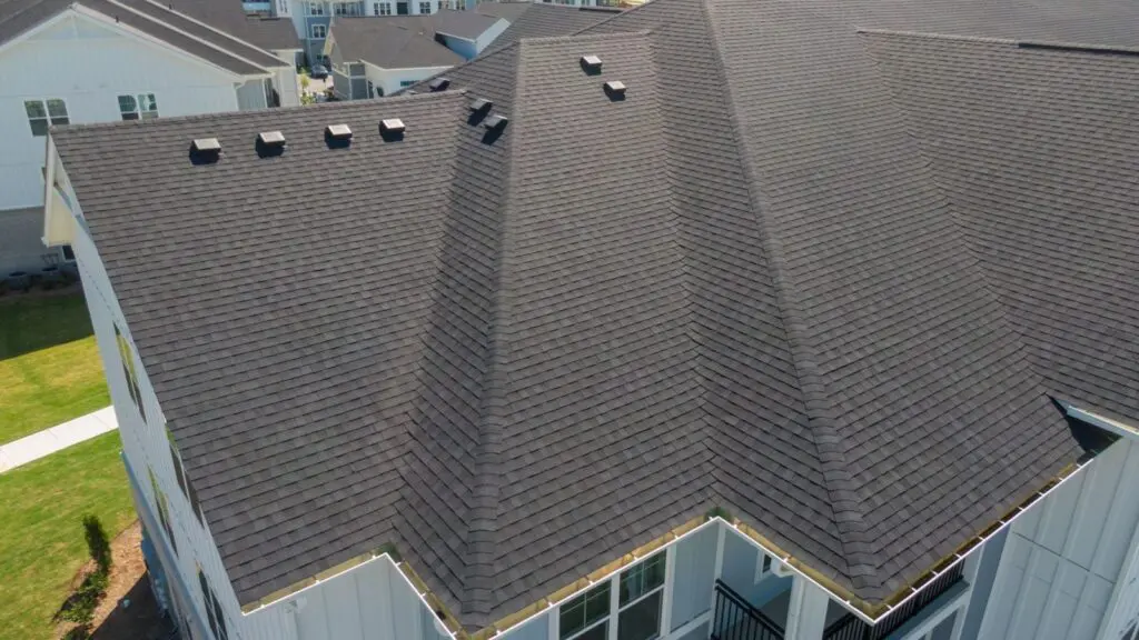 Drone inspection of new roofing installed by Bumble Roofing in North Atlanta.