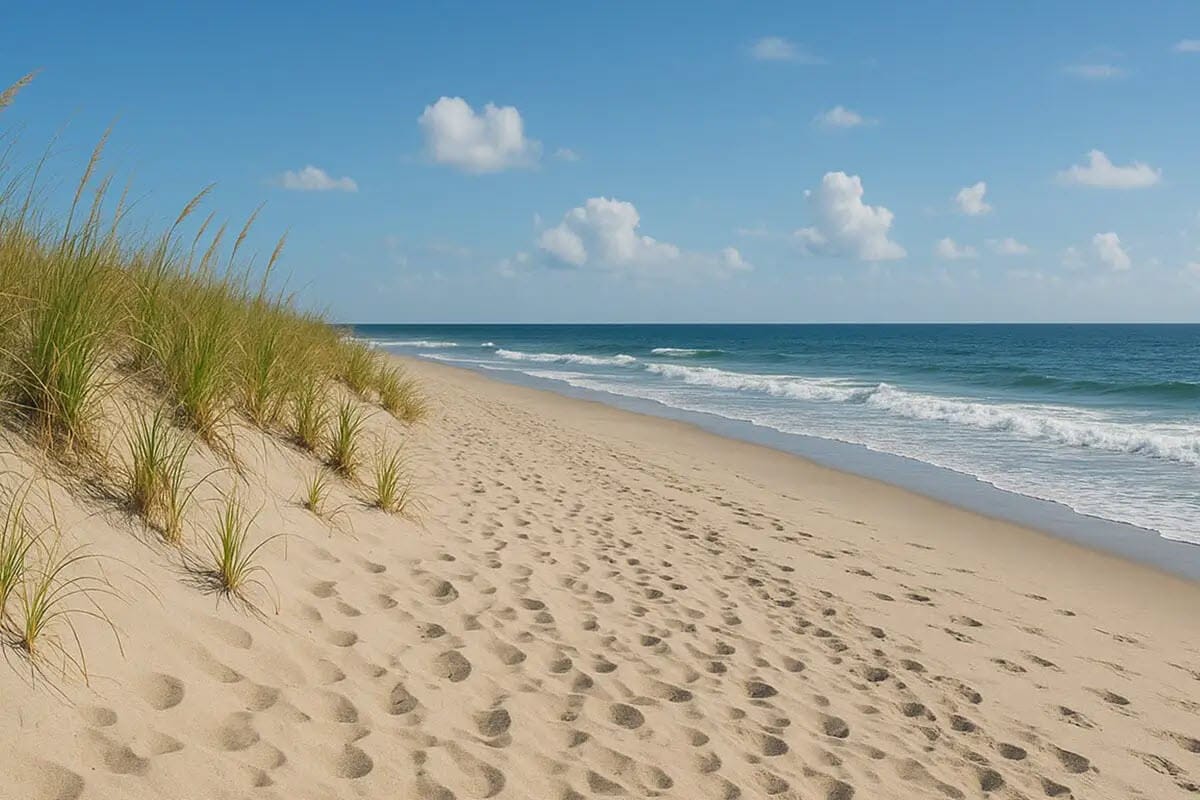 Sandy beach with sea grass, gentle waves, and blue sky with clouds on a sunny day.