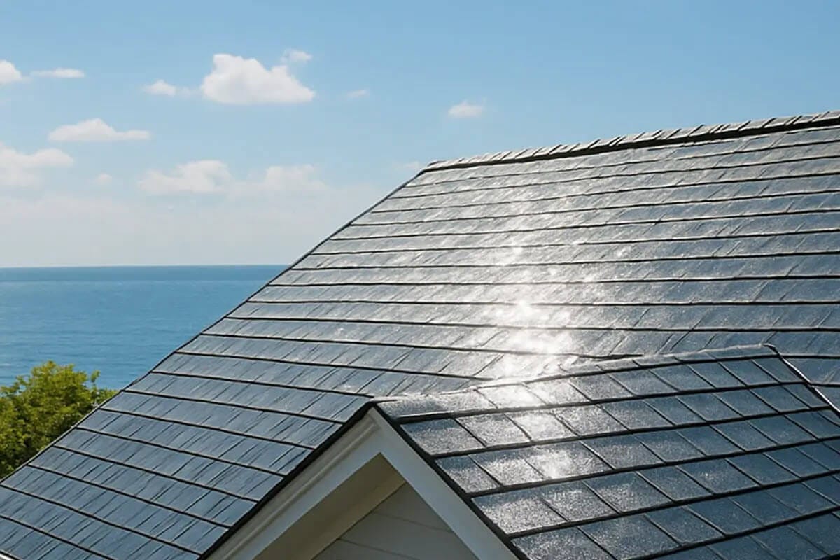 Sun shining on a rooftop with solar shingles, overlooking the ocean on a clear, sunny day.