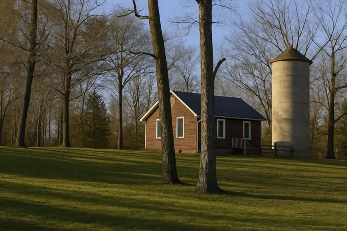 Small brown house and silo among leafless trees on a grassy hill, with sunlight casting long shadows.