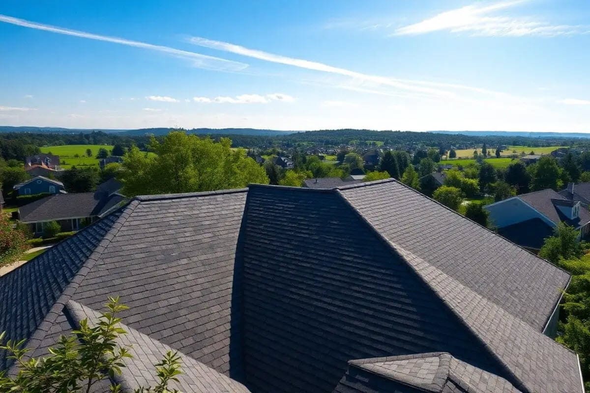 View of a dark shingle roof with houses, trees, and a grassy landscape under a blue sky.