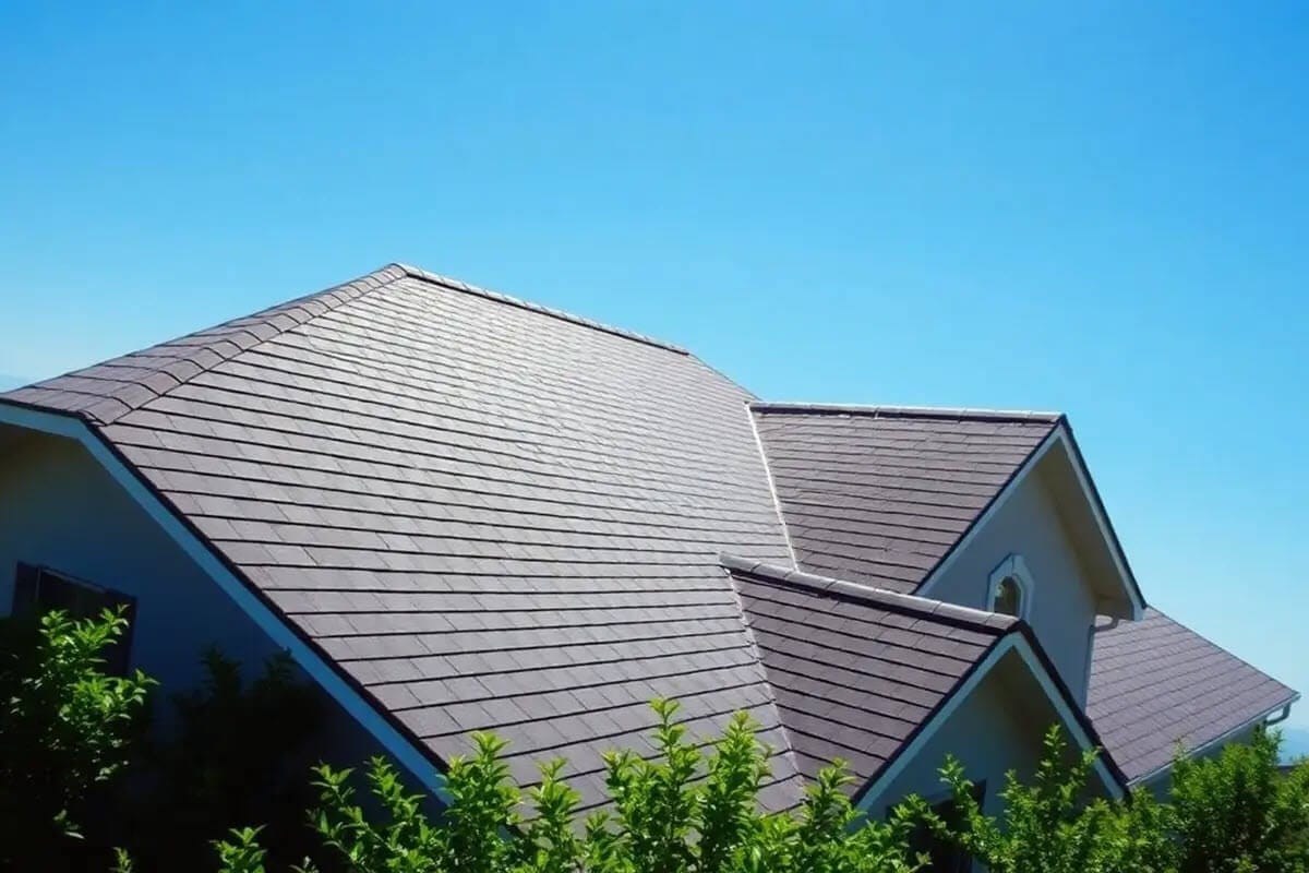 A house with a gray tiled roof, surrounded by green bushes under a clear blue sky.