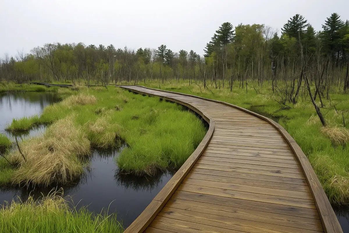 A winding wooden boardwalk through a marshland with green grass and trees under a cloudy sky.