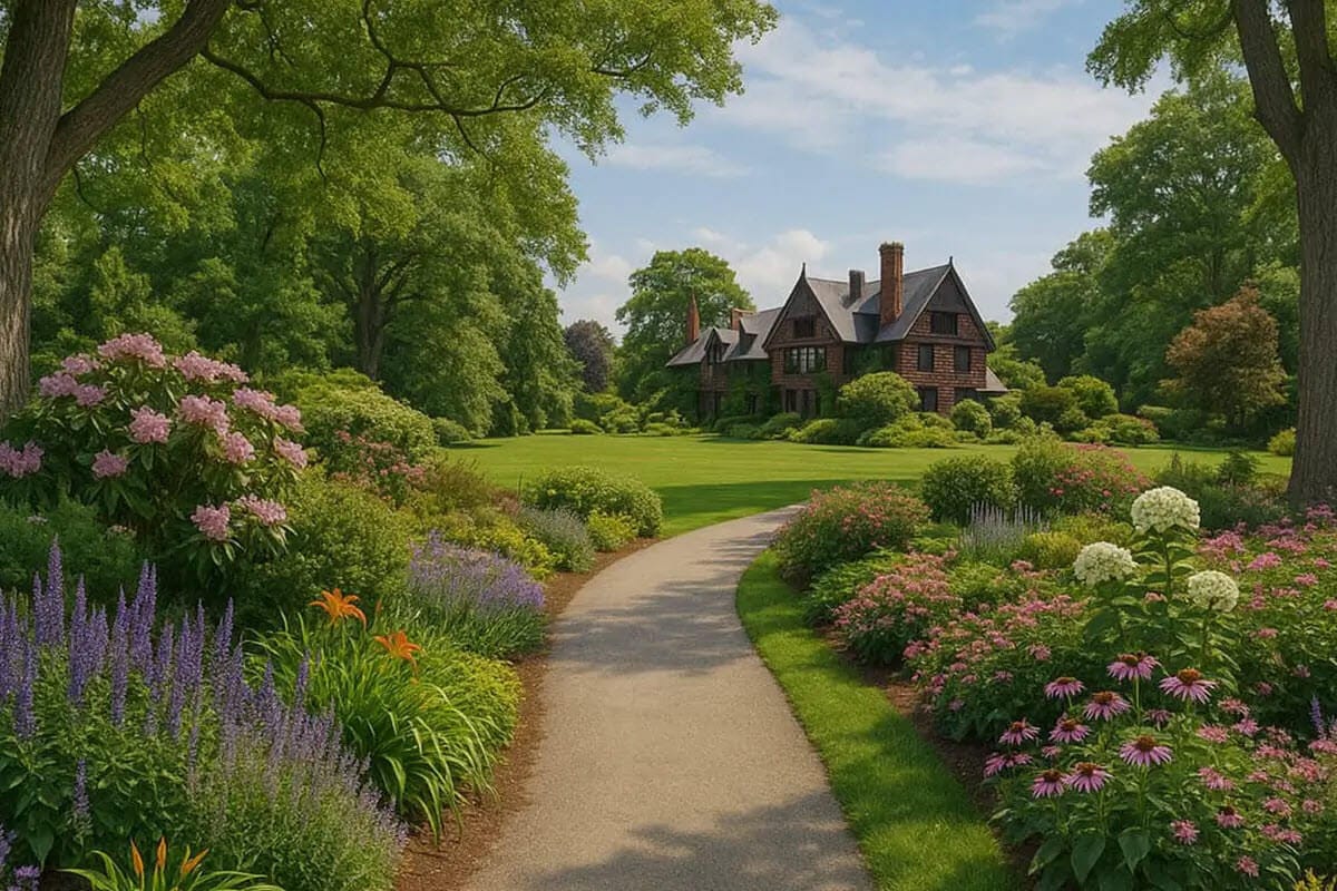 A winding path leads through a colorful flower garden to a large house surrounded by trees on a sunny day.