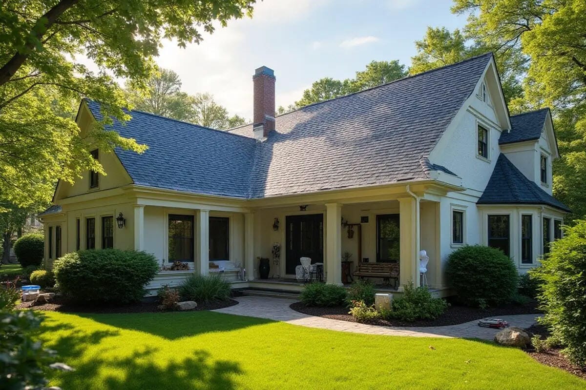 Charming house with a large porch, gabled roof, lush green lawn, and surrounding trees on a sunny day.