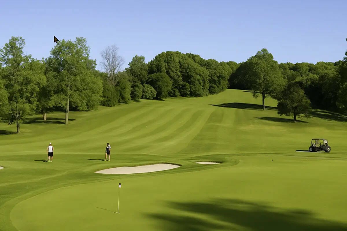 Two people and a golf cart on a lush green golf course with trees and a clear blue sky.