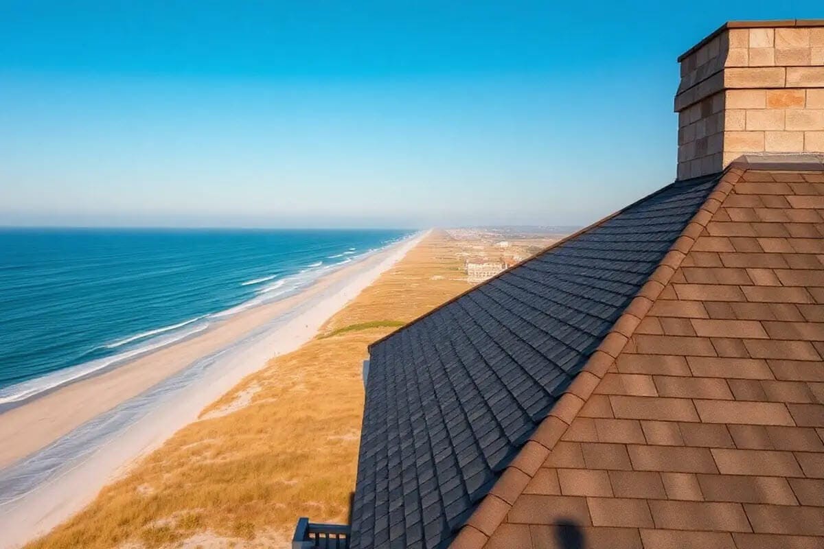 A shingled rooftop overlooks a sandy beach and ocean stretching into the distance under a clear blue sky.