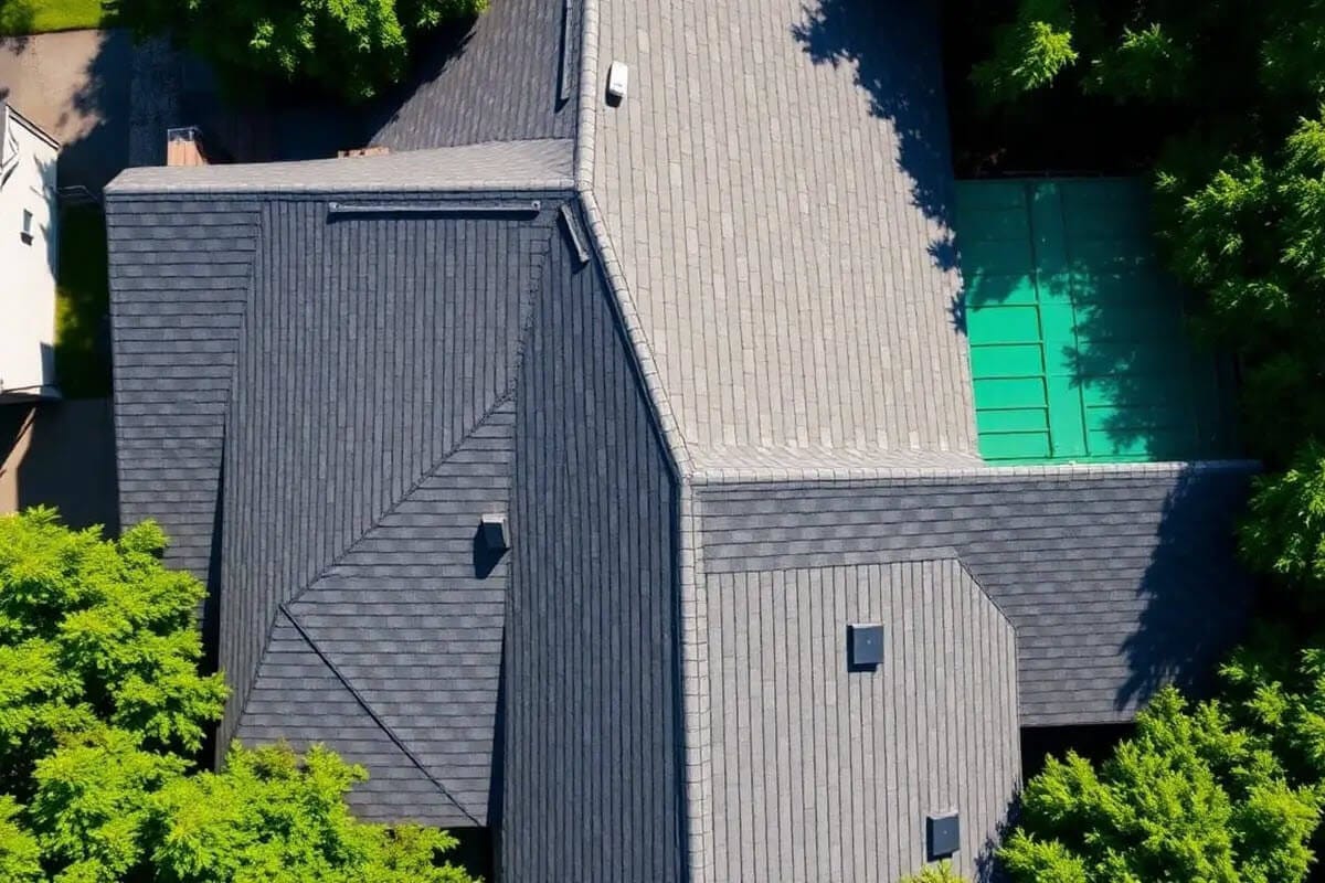 Aerial view of a gray-roofed house surrounded by trees, with a green area visible on the right side.