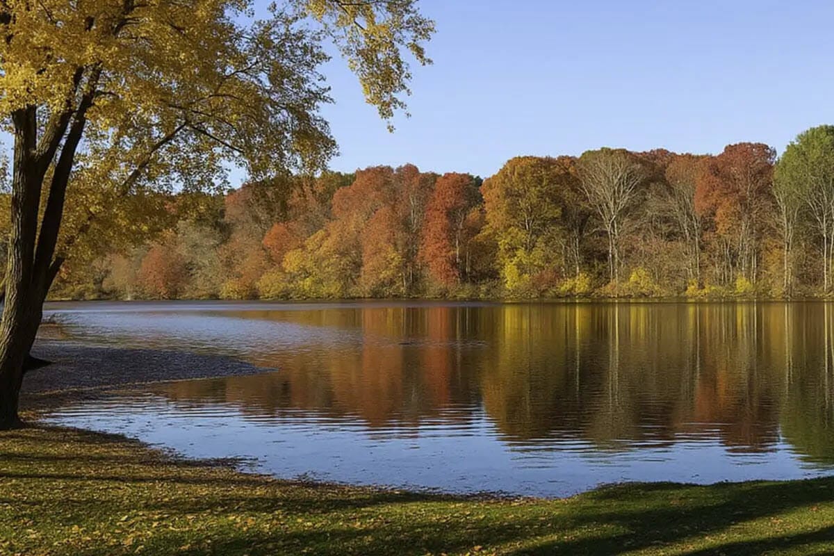 Calm lake reflecting autumn trees with colorful leaves and clear blue sky.