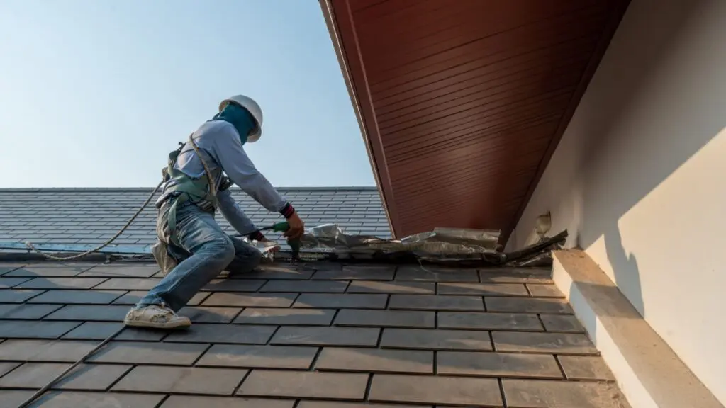 Damaged synthetic slate tiles being maintained by a roofer in The Woodlands, TX