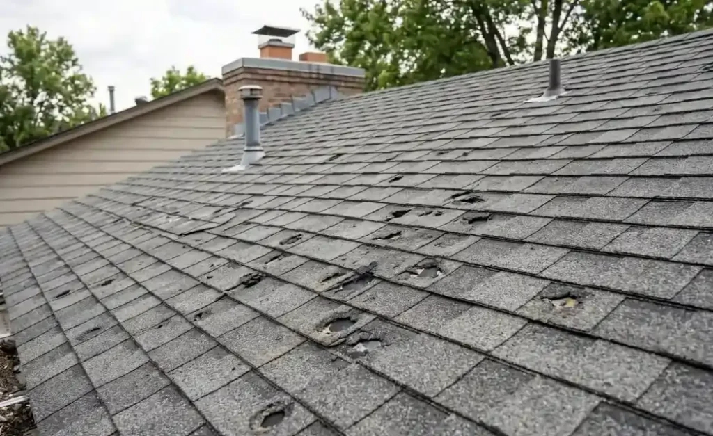 Hail damage on a residential roof.