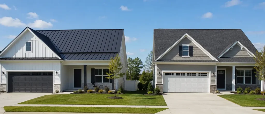 Home with a metal roof next to a different home with an asphalt shingle roof.